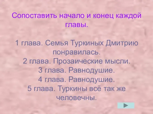 Сопоставить начало и конец каждой главы. 1 глава. Семья Туркиных Дмитрию понравилась.