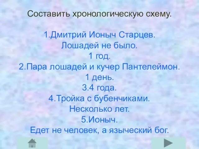 Составить хронологическую схему. 1.Дмитрий Ионыч Старцев. Лошадей не было. 1 год. 2.Пара