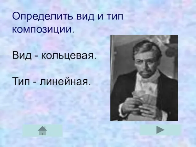 Определить вид и тип композиции. Вид - кольцевая. Тип - линейная.