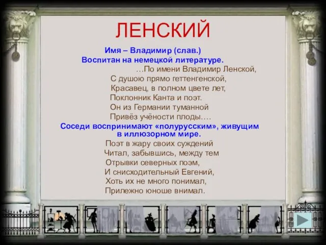 ЛЕНСКИЙ Имя – Владимир (слав.) Воспитан на немецкой литературе. …По имени Владимир