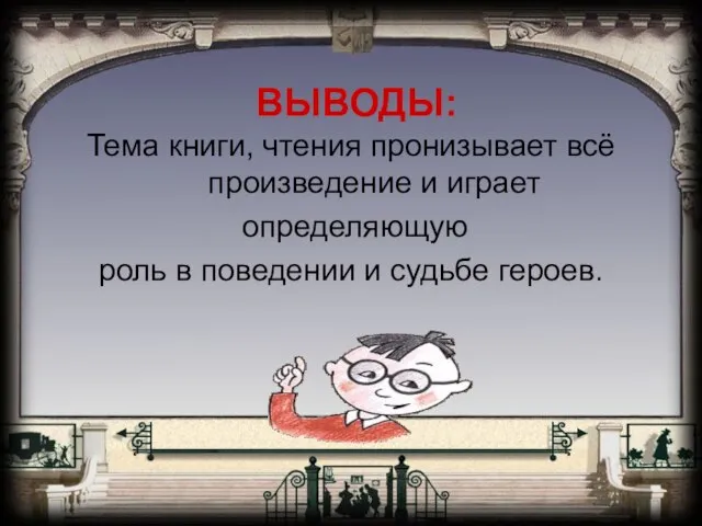 ВЫВОДЫ: Тема книги, чтения пронизывает всё произведение и играет определяющую роль в поведении и судьбе героев.