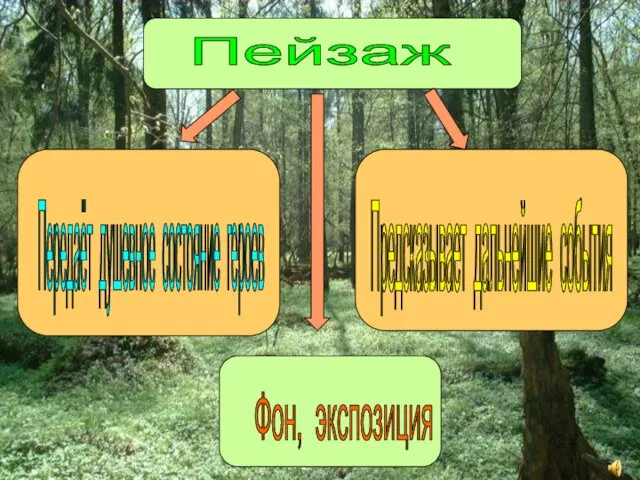 Пейзаж Фон, экспозиция Передаёт душевное состояние героев Предсказывает дальнейшие события