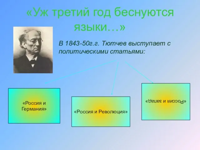 «Уж третий год беснуются языки…» В 1843-50г.г. Тютчев выступает с политическими статьями: