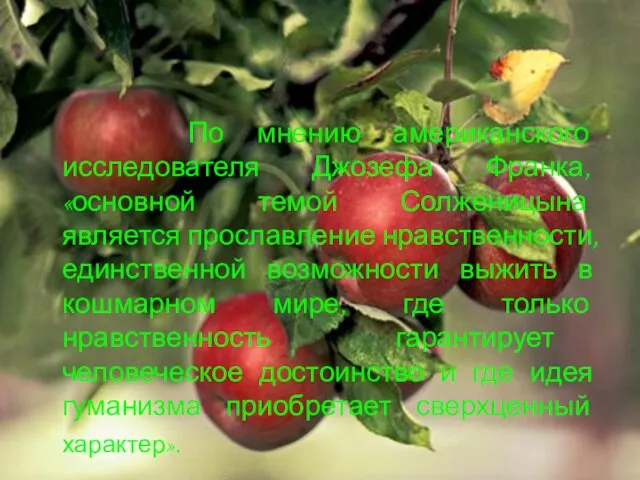 По мнению американского исследователя Джозефа Франка, «основной темой Солженицына является прославление нравственности,