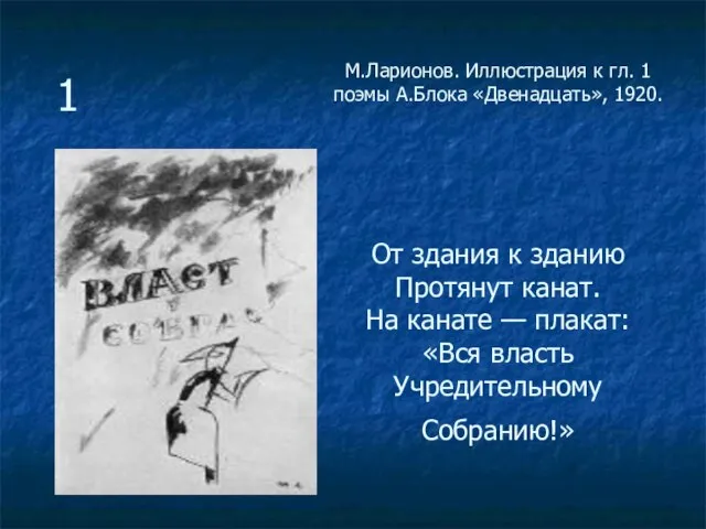 М.Ларионов. Иллюстрация к гл. 1 поэмы А.Блока «Двенадцать», 1920. От здания к