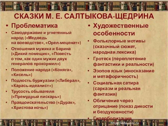 СКАЗКИ М. Е. САЛТЫКОВА-ЩЕДРИНА Проблематика Самодержавие и угнетенный народ («Медведь на воеводстве»,