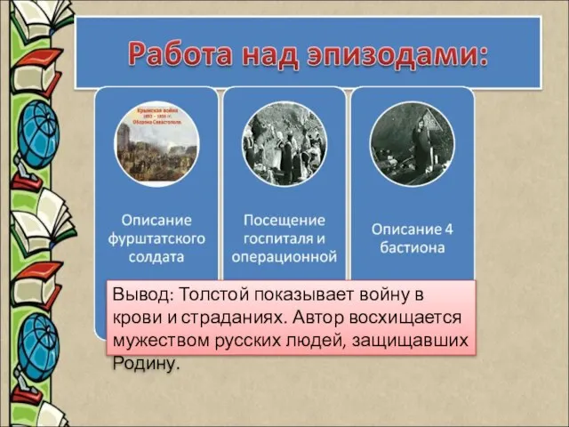 Вывод: Толстой показывает войну в крови и страданиях. Автор восхищается мужеством русских людей, защищавших Родину.