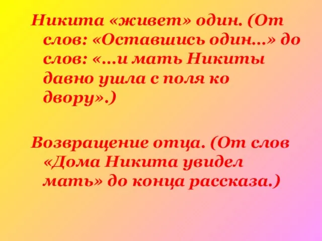 Никита «живет» один. (От слов: «Оставшись один…» до слов: «…и мать Никиты