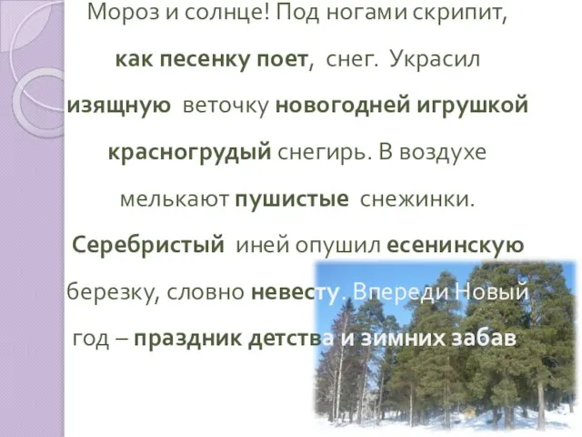 Мороз и солнце! Под ногами скрипит, как песенку поет, снег. Украсил изящную