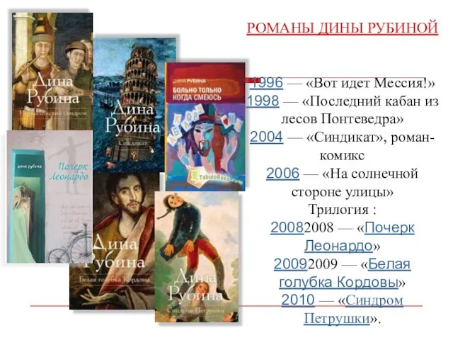 РОМАНЫ ДИНЫ РУБИНОЙ 1996 — «Вот идет Мессия!» 1998 — «Последний кабан