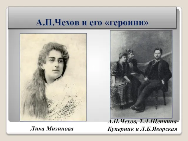 А.П.Чехов и его «героини» Лика Мизинова А.П.Чехов, Т.Л.Щепкина- Куперник и Л.Б.Яворская