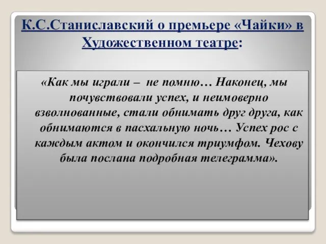 К.С.Станиславский о премьере «Чайки» в Художественном театре: «Как мы играли – не