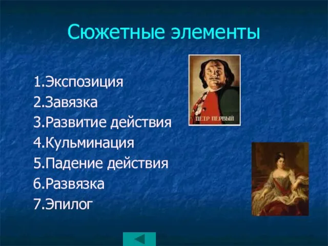 Сюжетные элементы 1.Экспозиция 2.Завязка 3.Развитие действия 4.Кульминация 5.Падение действия 6.Развязка 7.Эпилог