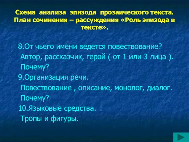 Схема анализа эпизода прозаического текста. План сочинения – рассуждения «Роль эпизода в