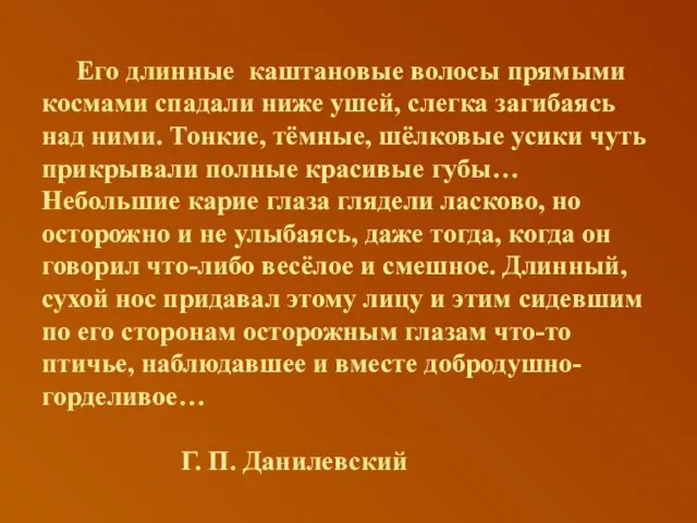 Его длинные каштановые волосы прямыми космами спадали ниже ушей, слегка загибаясь над