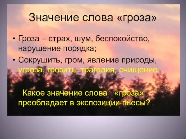 Значение слова «гроза» Гроза – страх, шум, беспокойство, нарушение порядка; Сокрушить, гром,