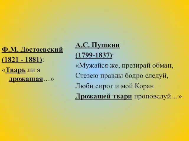 Ф.М. Достоевский (1821 - 1881): «Тварь ли я дрожащая…» А.С. Пушкин (1799-1837):