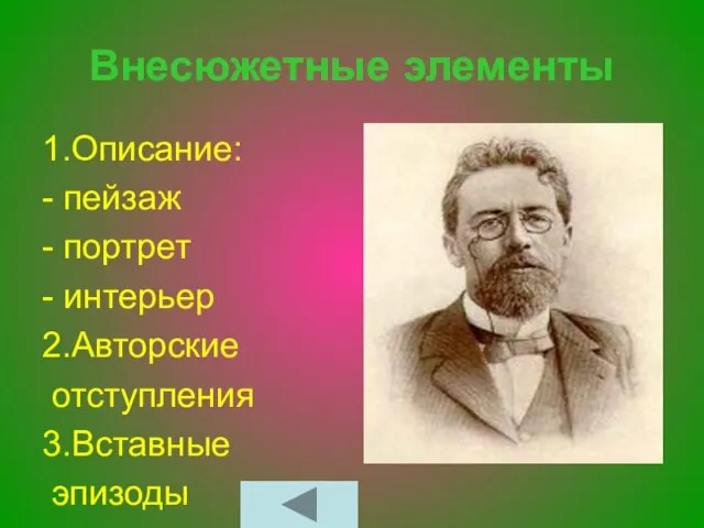 Внесюжетные элементы 1.Описание: - пейзаж - портрет - интерьер 2.Авторские отступления 3.Вставные эпизоды