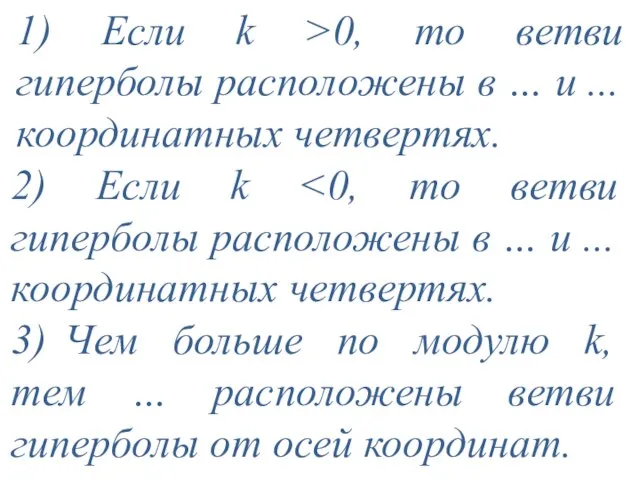 1) Если k >0, то ветви гиперболы расположены в … и ...