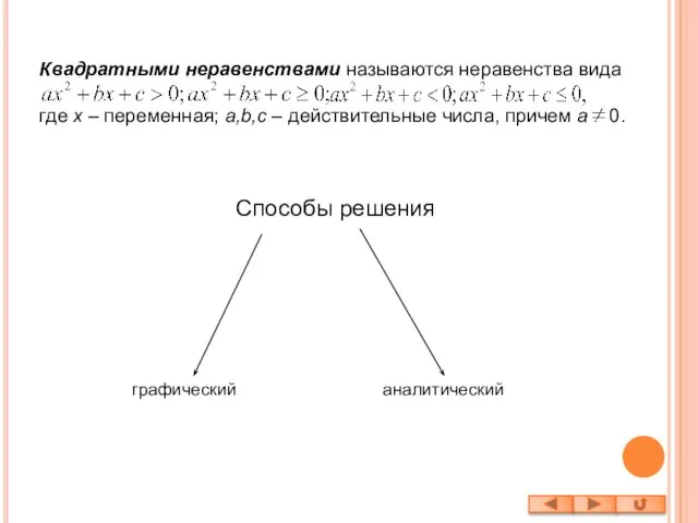 Квадратными неравенствами называются неравенства вида где x – переменная; a,b,c – действительные