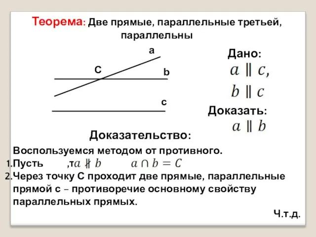 Теорема: Две прямые, параллельные третьей, параллельны a b c C Дано: Доказать: