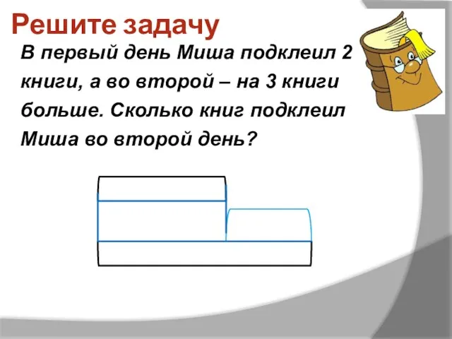 Решите задачу В первый день Миша подклеил 2 книги, а во второй