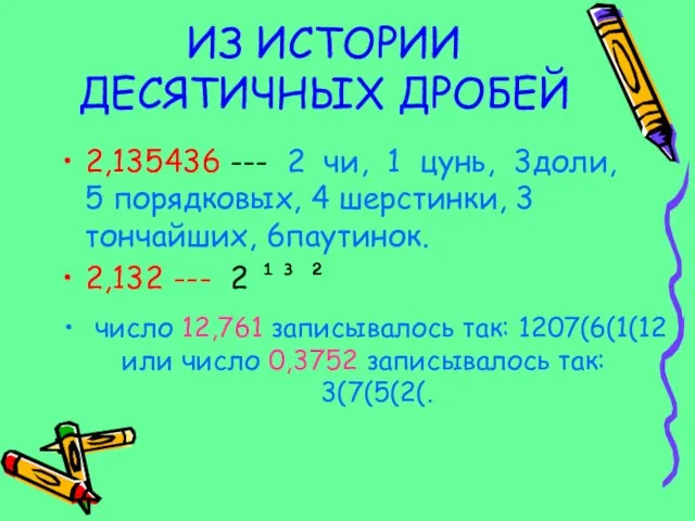 ИЗ ИСТОРИИ ДЕСЯТИЧНЫХ ДРОБЕЙ 2,135436 --- 2 чи, 1 цунь, 3доли, 5