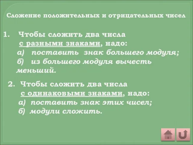 Сложение положительных и отрицательных чисел Чтобы сложить два числа с разными знаками,