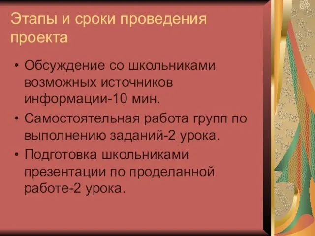 Этапы и сроки проведения проекта Обсуждение со школьниками возможных источников информации-10 мин.