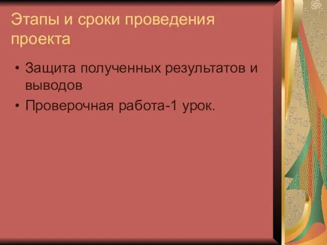 Этапы и сроки проведения проекта Защита полученных результатов и выводов Проверочная работа-1 урок.