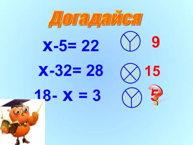 x-5= 22 x-32= 28 15 18- x = 3 Догадайся 9 5