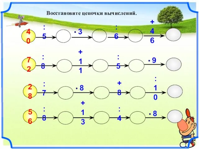 Восстановите цепочки вычислений. 40 :8 :5 +11 +46 72 :6 :5 :7