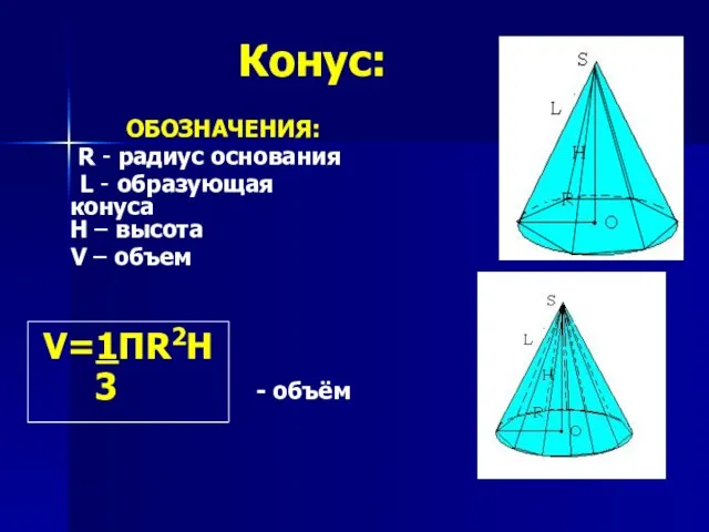 Конус: ОБОЗНАЧЕНИЯ: R - радиус основания L - образующая конуса H –