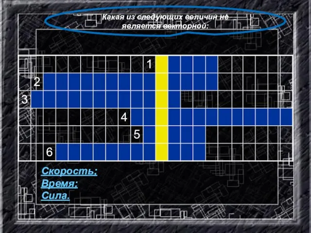 Какая из следующих величин не является векторной: Скорость; Время; Сила.