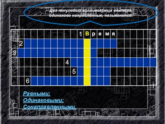 Два ненулевых коллинеарных вектора, одинаково направленные, называются: Равными; Одинаковыми; Сонаправленными.