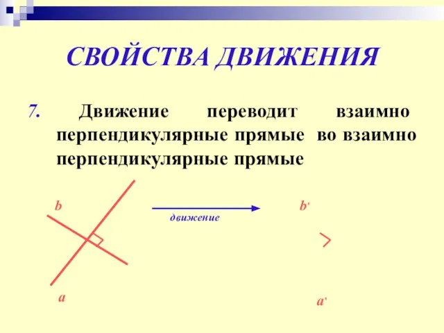 СВОЙСТВА ДВИЖЕНИЯ 7. Движение переводит взаимно перпендикулярные прямые во взаимно перпендикулярные прямые