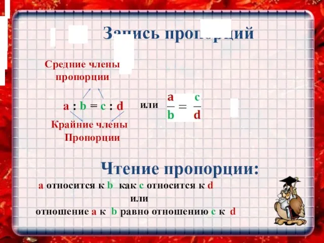 Запись пропорций a : b = c : d или Средние члены