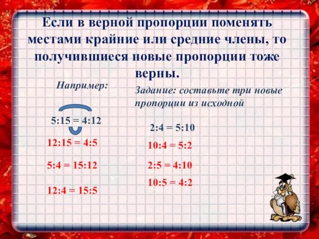 Если в верной пропорции поменять местами крайние или средние члены, то получившиеся