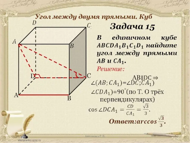 Антонова Г.В. Угол между двумя прямыми. Куб Задача 15 Решение: AB∥DC ⇒