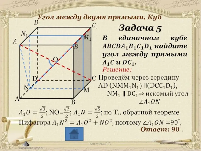 Антонова Г.В. Угол между двумя прямыми. Куб Задача 5 Решение: O N M