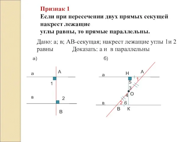 Признак 1 Если при пересечении двух прямых секущей накрест лежащие углы равны,