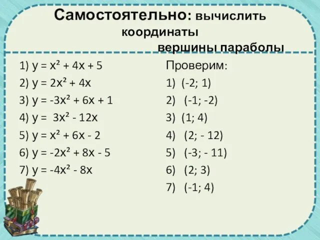 Самостоятельно: вычислить координаты вершины параболы 1) у = х² + 4х +