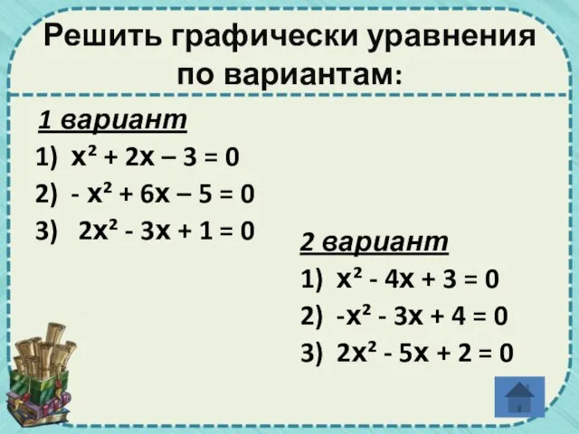 Решить графически уравнения по вариантам: 1 вариант 1) х² + 2х –
