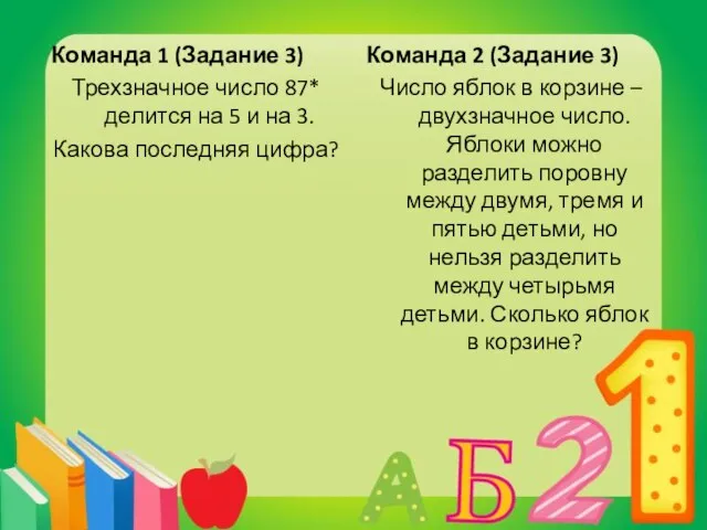 Команда 1 (Задание 3) Трехзначное число 87* делится на 5 и на