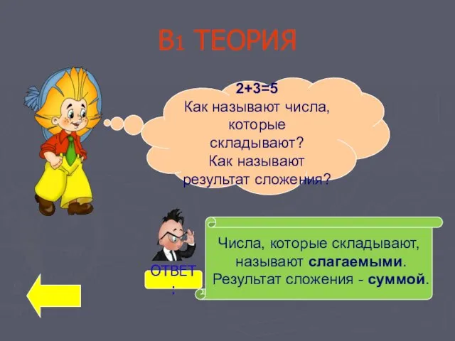 В1 ТЕОРИЯ 2+3=5 Как называют числа, которые складывают? Как называют результат сложения?