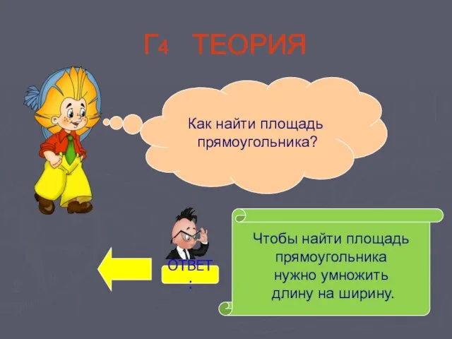 Г4 ТЕОРИЯ Как найти площадь прямоугольника? Чтобы найти площадь прямоугольника нужно умножить длину на ширину. ОТВЕТ: