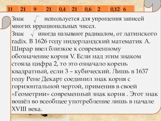 Знак используется для упрощения записей многих иррациональных чисел. Знак иногда называют радикалом,