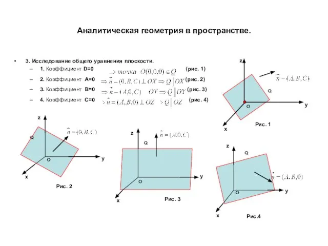 Аналитическая геометрия в пространстве. 3. Исследование общего уравнения плоскости. 1. Коэффициент D=0