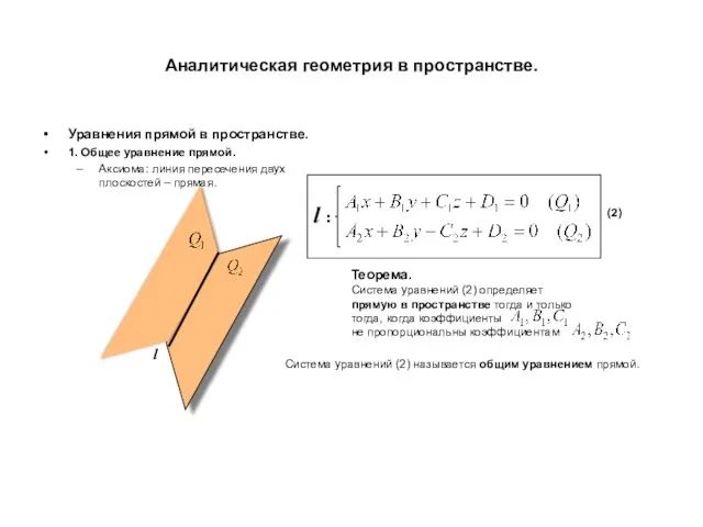 Аналитическая геометрия в пространстве. Уравнения прямой в пространстве. 1. Общее уравнение прямой.