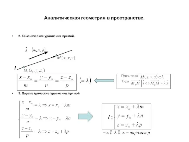 Аналитическая геометрия в пространстве. 2. Канонические уравнения прямой. 3. Параметрические уравнения прямой.